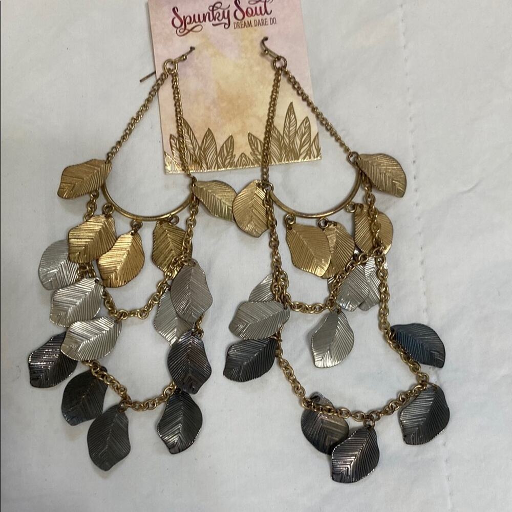 Gold Silver Leaf Earrings 3 Tiered Hanging Dangle Earrings- 6” Drop